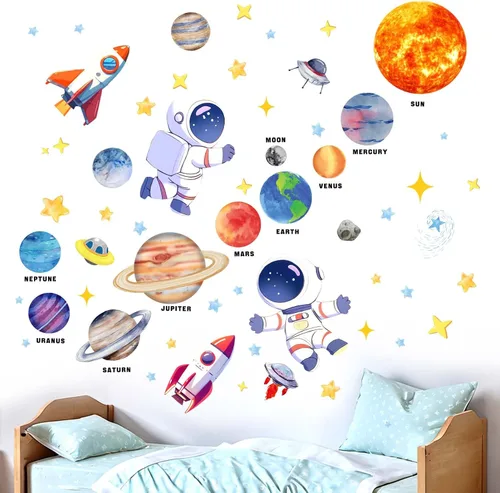 Vista 6 de Calcomanías de Pared de Astronauta del Espacio Exterior - Calcomanías de Pared de Cohete de Planetas para Niños - Decoración de Pared