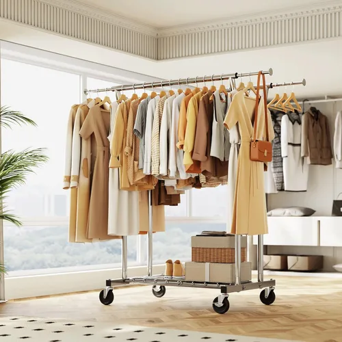 Vista 9 de HYSEYY Perchero de ropa resistente, perchero con ruedas para colgar ropa con estantes, carga de 700 libras, armario portátil con ruedas