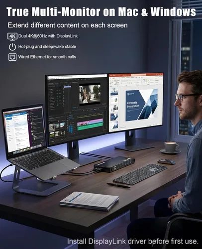 Vista 3 de Estación de acoplamiento WAVLINK Displaylink Dual 4K @60Hz Monitor para Mac, Windows Universal For USB 3.0/USB-C Laptop, 2 HDMI/DP, Gigabit