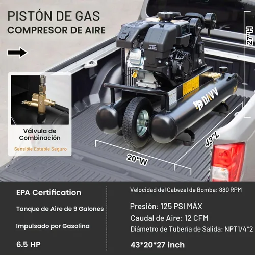 Vista 3 de Compresor de aire a gas de doble tanque de 9 galones, tanque de compresor de aire impulsado por gas de 6.5 HP 12CFM en ruedas, bomba de pistón