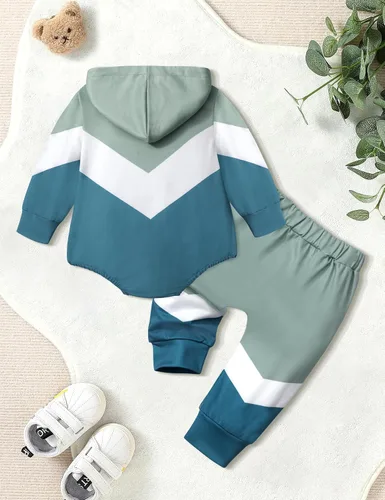 Vista 5 de Ropa para bebé niño, bloque de color, sudadera con capucha de gran tamaño, mameluco, pantalones largos, conjunto de trajes de otoño e invierno