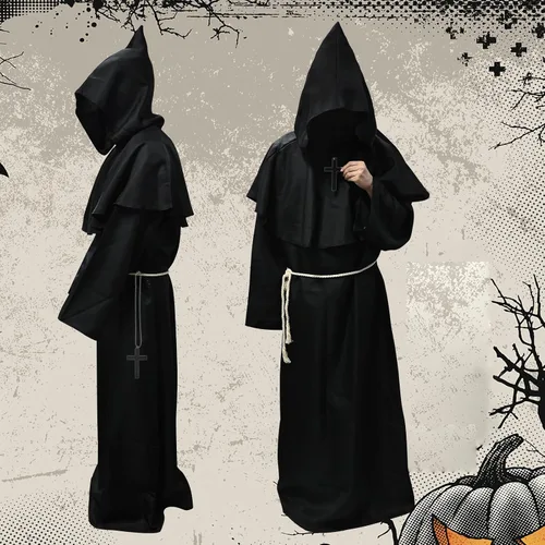 Vista 3 de GOLDGE Hooded Monk Robe and Cloak, Authentic Medieval Monk Priest Costume for Halloween and Cosplay