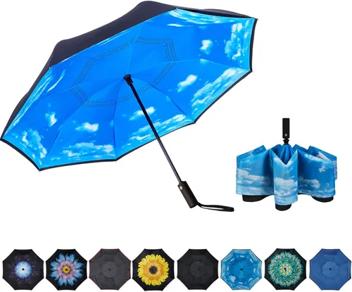 Vista 10 de Paraguas invertido de doble capa, plegado automático, reversible, resistente al viento y a los rayos UV, para lluvia, coche, viaje, al aire libre