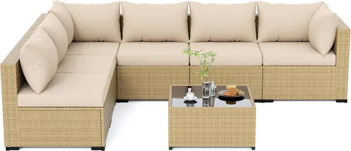 Vista 8 de UDPATIO Muebles de exterior 7 piezas de mimbre para patio, cojín Beige