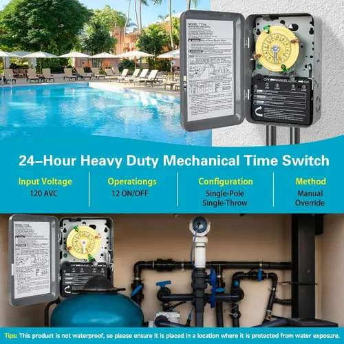 Vista 4 de Interruptor de temporizador mecánico T101, 120 V 40 A SPST, 2 HP para temporizador de luz exterior, calentador de agua, HVAC y bomba de piscina, 12