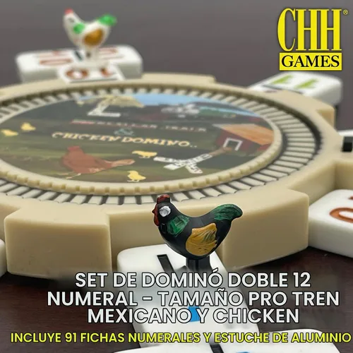 Vista 2 de Juego doble de domino de pie de pollo y tren mexicano de tamaño profesional y numeral 12
