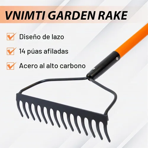 Vista 2 de VNIMTI Rastrillo de jardín para jardinería, rastrillo de jardín resistente para césped, rastrillo de arco de 14 dientes con mango de fibra