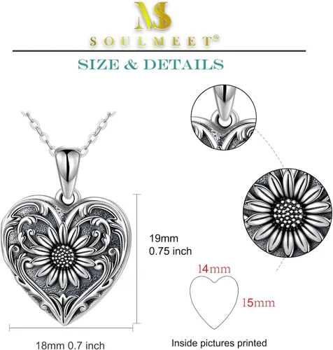 Vista 4 de SOULMEET - Collar con relicario en forma de corazón con girasol donde se pueden guardar fotografías de personas para tenerlas cerca de ti joyería