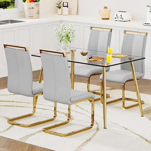 Vista 20 de Juego de mesa de comedor de vidrio Ebullient para 4, mesa de 51" de vidrio templado transparente con patas de metal negro y 4 sillas de acrílico