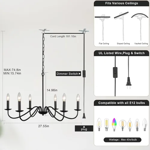Vista 3 de Lámpara de araña enchufable con cable largo, candelabros estilo granja negros de 6 luces para lámpara de comedor, luces colgantes con cable 12 luces