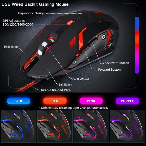 Vista 6 de BlueFinger Combo de teclado RGB para juegos de 87 teclas y mouse retroiluminado teclado arcoíris con cable USB juego de teclado para computadora