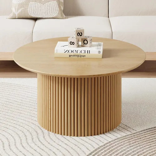Vista 9 de Mesa de café redonda de 31.5", Mesa de centro moderna con acento acanalado y marco de metal, mesas de café de madera redondas para sala de estar