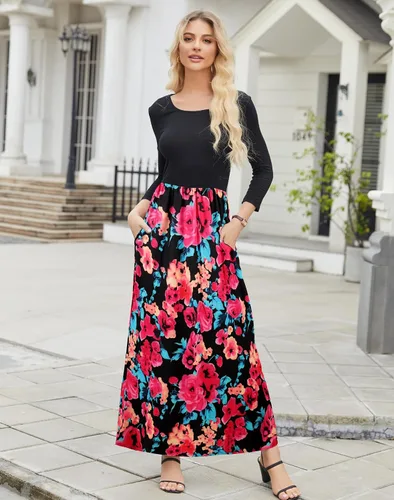 Vista 2 de Supnier Vestido largo de manga 34 para mujer, casual, estampado floral, con bolsillos