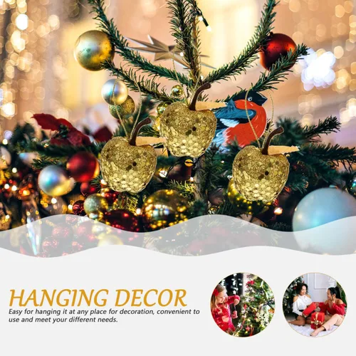 Vista 4 de Garneck 20 adornos colgantes en forma de manzana para árbol de Navidad, adornos pequeños dorados, mini colgantes de manzana de Navidad