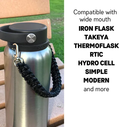 Vista 5 de HydroCord 2.0 - Mango de paracaídas para botellas de 12 a 40 onzas, color negro Anillo de boca ancha y mosquetón, compatible con Hydroflask 1.0