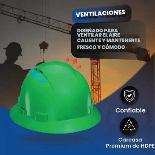 Vista 6 de Casco duro OSHA de ala completa ventilado de color sólido con suspensión de 6 puntos Verde
