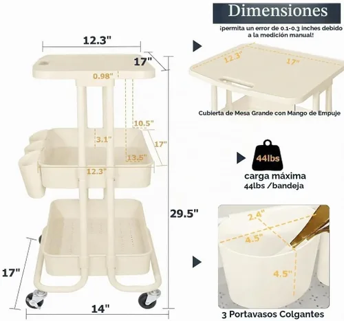 Vista 2 de Carrito rodante de 3 niveles con mesa de almacenamiento, carrito blanco con tazas y ganchos, marco de metal con cestas de plástico, carritos móviles