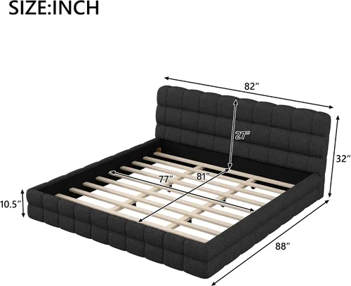 Vista 2 de KLMM Unique King Size Upholstered Platform Bed with Thick Fabric, Grounded Bed with Solid Frame,for Kids Teens Adults Bedroom Use (Black-TF, King)