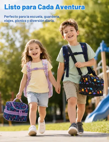Vista 7 de VASCHY - Lonchera para niños, bolsas de almuerzo aisladas de dos compartimentos para niños y niñas con correa para el hombro para la escuela Dinos