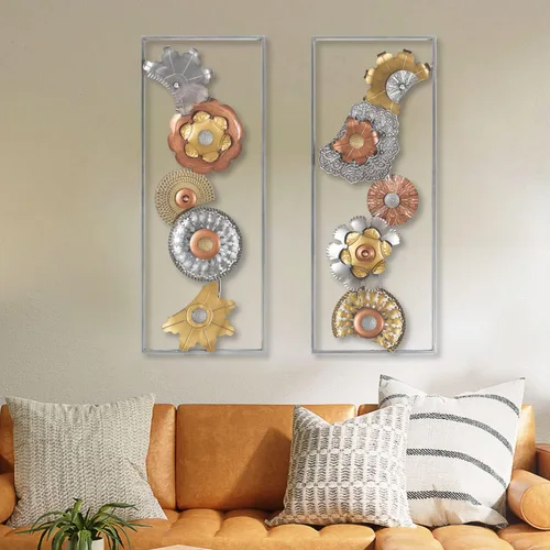 Vista 4 de Asense Juego de 2 flores de metal para colgar en la pared con marco, 36 x 14 pulgadas, esculturas modernas de arte de pared de metal dorado