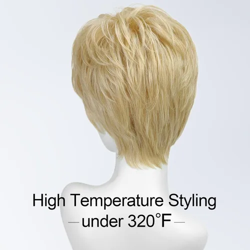 Vista 4 de HAIRCUBE Pelucas rubias de corte Pixie para mujer, estilo ondulado natural, peluca de encaje sintético resistente al calor con parte superior