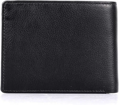 Vista 5 de Billetera plegable de piel con bloqueo RFID para hombre con bolsillo para monedas, Negro