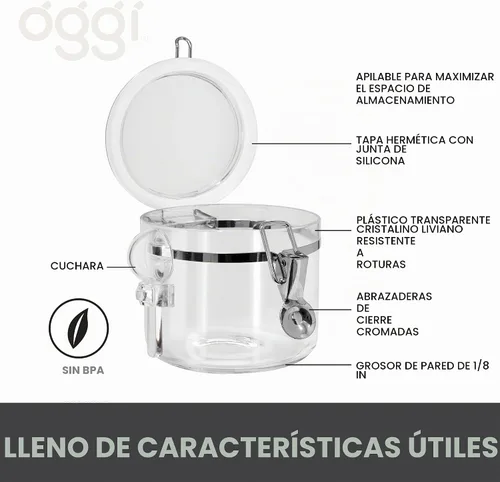 Vista 2 de OGGI Recipiente hermético transparente de 28 onzas - Tapa con cierre y cuchara - Recipientes herméticos para almacenamiento de alimentos, ideales
