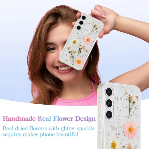 Vista 6 de EYZUTAK Funda para Samsung Galaxy A15 4G/5G, Bling Glitter Lentejuelas Hecho a Mano Hoja De Flor Seca Real Funda Estética Transparente Embedded