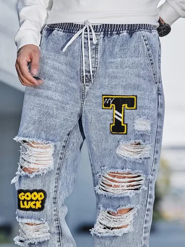 Vista 7 de Jeans para hombre Pantalones de mezclilla rasgados con letras parcheadas para hombre (Color lavado ligero, Talla L)