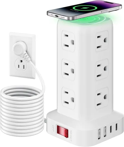Vista 20 de SMALLRT - Cable de extensión con múltiples tomas, torre de regleta de alimentación con protector de sobretensiones, extensor de salida con 12