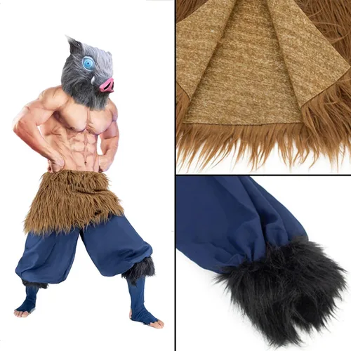 Vista 5 de Inosuke Cosplay Pig Mask Anime Demon Costume Slayer Inosuke Role Play Outfits Hashibira Pants Apron Halloween Cosplay