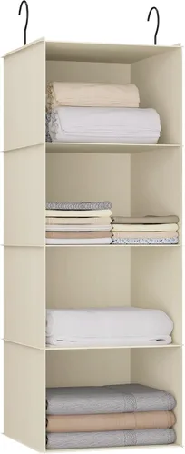 Vista 22 de Organizador colgante para armario y almacenamiento con 3 estantes, estantes colgantes plegables de montaje fácil para guardar ropa, bolsos, zapatos