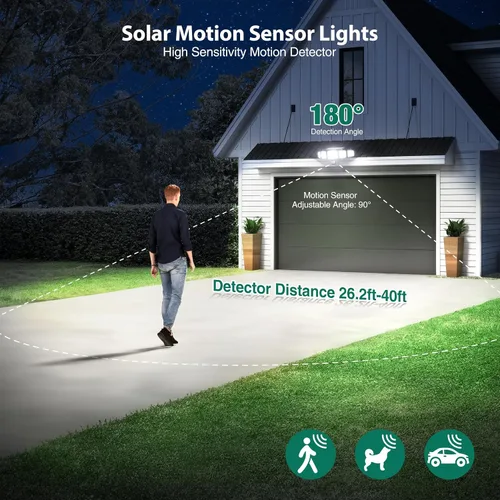 Vista 14 de Luces solares para exteriores, 4000LM con 5 cabezas, sensor de movimiento, 236 LEDs, 3 modos, luces de pared de seguridad IP65 impermeables, luces