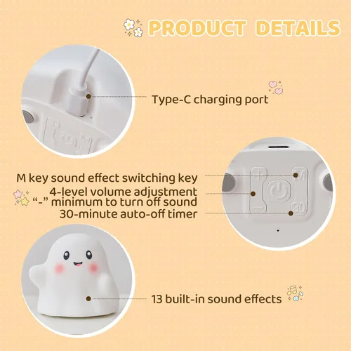 Vista 7 de Luz nocturna fantasma para niños, regalo y juguete divertido para niños, lámpara táctil con sonidos, silicona blanda, LED seguro para los ojos