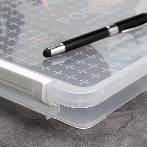 Vista 6 de BTSKY Caja de almacenamiento apilable de plástico PP transparente transparente A4 Plus para escritorio, contenedor de revista de papel con hebilla