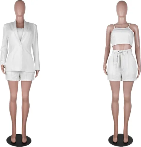 Vista 4 de Conjunto de 3 piezas de blazer para mujer, blazer con botón frontal abierto + blusa corta + pantalones cortos con cinturón, conjuntos de traje