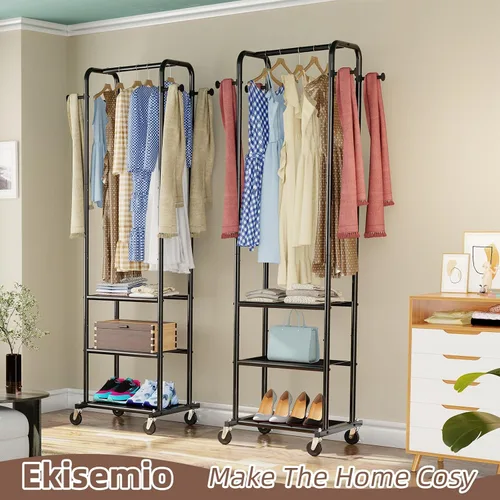 Vista 2 de Ekisemio Perchero de ropa resistente con ruedas, moderno perchero con 3 estantes de metal, color negro