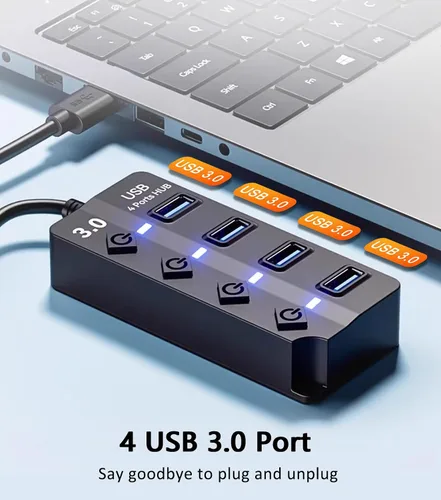Vista 2 de Hub USB 3.0 con 4 puertos USB 3.0, extensor USB de alta velocidad de 5 Gbps con interruptor individual y luz indicadora LED, concentrador USB