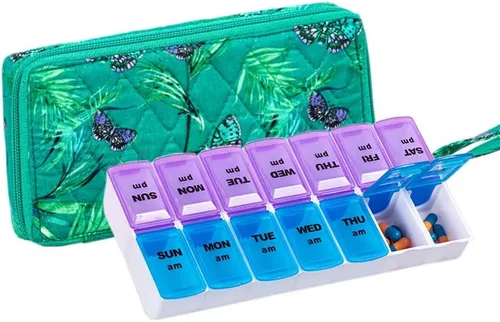 Vista 26 de Organizador Semanal de Pastillas 2 Veces al Día, Pastillero Zumd de 7 Días con Bonita Funda de Tela Acolchada con Cremallera, Estuche de Pastillas