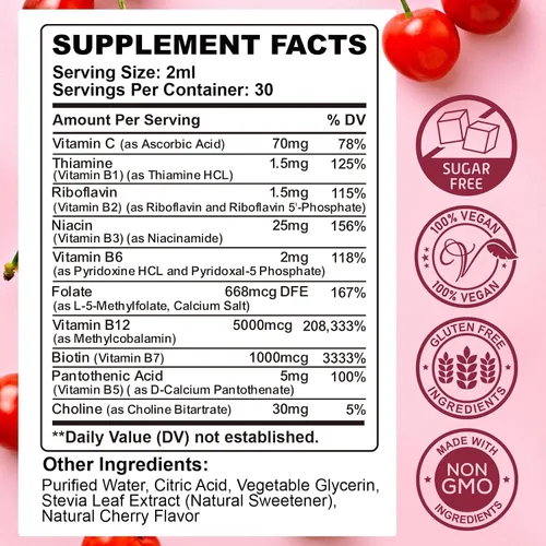 Vista 2 de CFILIHTC Gotas líquidas de complejo de vitamina B, suplemento de complejo de vitaminas B con gotas B1, B2, B3, B5 B6, B7, B9 y metil B12