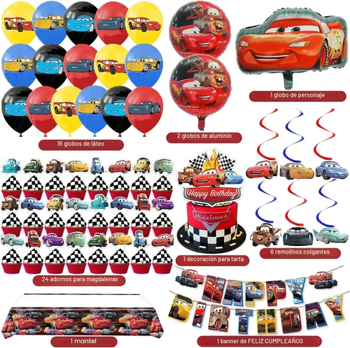 Vista 2 de Suministros para fiestas de cumpleaños de autos, el juego de decoraciones de fiesta incluye pancarta, globos, remolinos colgantes, adornos