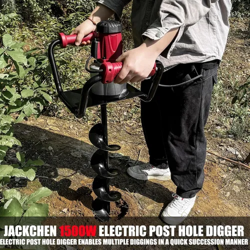 Vista 3 de JACKCHEN Perforadora eléctrica de agujeros para postes de 1500W con reversa, barrena de tierra de doble mango con bolsa de almacenamiento, brocas