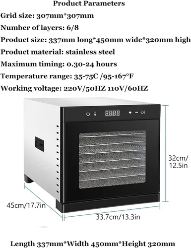 Vista 4 de Máquina deshidratadora de alimentos, 8 bandejas con control táctil y luz LED integrada, secadora de alimentos de acero inoxidable comercial de 700 W