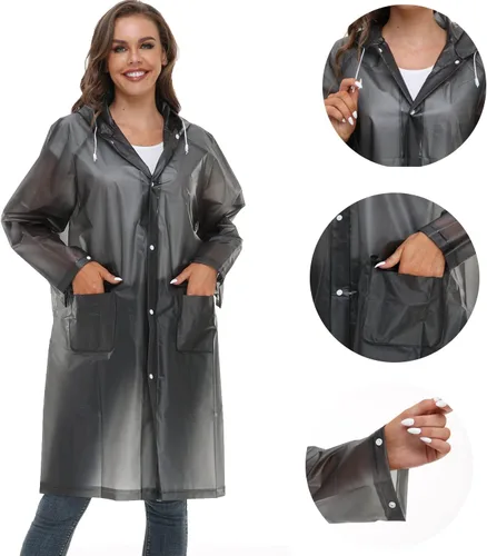 Vista 4 de Chubasqueros para mujeres y hombres, reutilizables, portátiles, impermeables, EVA, largos ponchos de lluvia con capuchas Negro