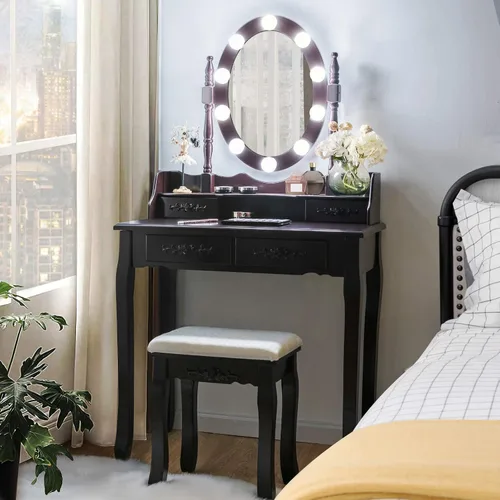 Vista 10 de Giantex Juego de tocador con espejo iluminado, mesa de maquillaje con 10 luces rosadas, escritorio de tocador moderno con taburete acolchado, 3