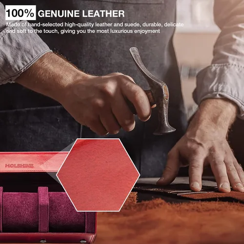 Vista 3 de molshine Estuche organizador de viaje de cuero genuino bruñido con 3 ranuras para relojes, caja de almacenamiento de relojes para hombres y mujeres