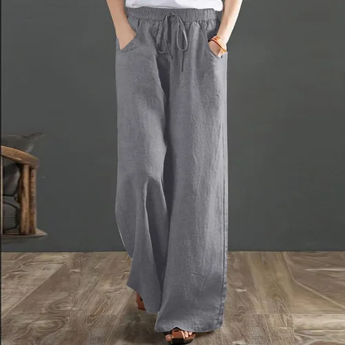 Vista 6 de Pantalones de pierna ancha para mujer, pantalones rectos de lino y algodón, pantalones de dibujo de cintura alta, pantalones holgados de color sólido