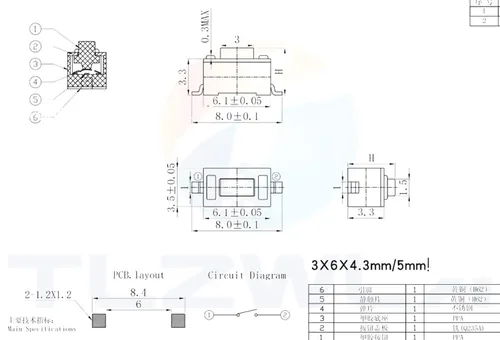 Vista 3 de 1000PCS 3 * 6 * 4.3 Mm 2pin SMD DC12V 50mA Tact Switch Push Button Touch Micro Switch 3x6x4.3mm White Button