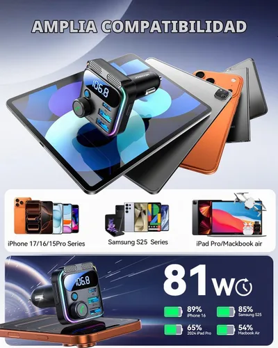 Vista 9 de JOYROOM 81W Bluetooth 6.0 Adaptador de coche Transmisor de radio FM inalámbrico [PD45W & QC36W] Fast Charge, Dual Mics for Clear Call, HiFi Deep