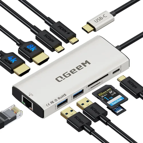 Vista 16 de Hub USB C, estación de acoplamiento para laptop 10 en 1, monitor dual individual 8K y 2x4K @60Hz, adaptador multipuerto tipo C con 2 HDMI, PD100W